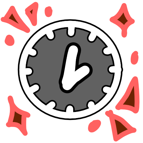 a dark grey clock surrounded by red sparkles. The image has light line art